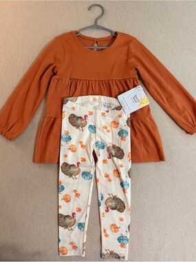 Burts Bees - Girls' Orange Long-Sleeve Tunic & Cream Turkey Print Leggings Set
